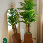 درختچه نخل کنتیا مصنوعی ارتفاع 190 سانتی متر در دکور کلاسیک ایرانی با گلدان هشت ضلعی چوبی قهوه ای 60 سانتیمتر فروشگاه دکورسازی در کنار آیینه چوبی طلایی کلاسیک